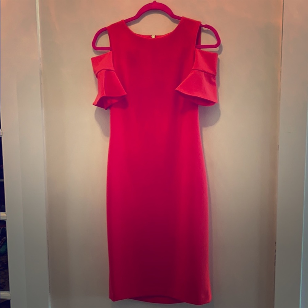 Calvin coral pink open shoulder cap sleeve dress